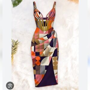 Sleeveless Geo-Print Bodycon Dress in Multicolor